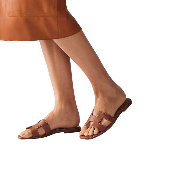 Hermes Shoes - Hermes Oran Leather Open Toe Slip-On Flats Slide Sandals Brown Women's Size 38